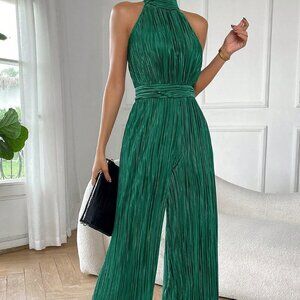 Green Casual Women's Sleeveless Halter Neck Wide Leg Jumpsuit
